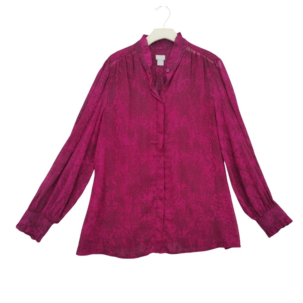 Chicos Women Victorian Dark Romantic Snakeskin Blouse 3 XL Pink Ruffle Button Up